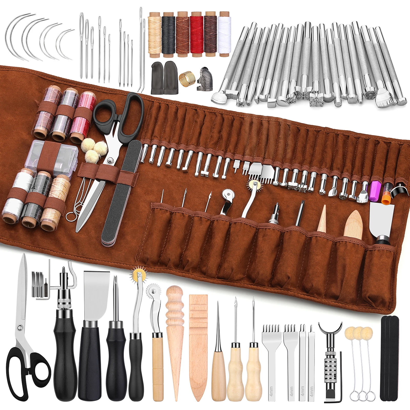 Leather Craft Tools Leather Working Tools Kit with Custom Storage Bag Making for Leatrher Cutting Punching Sewing Carving