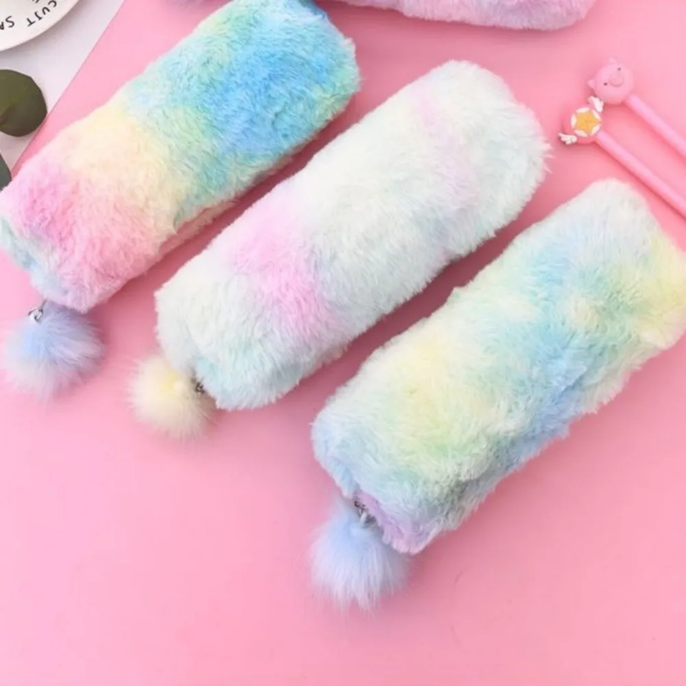 Gradient Color Plush Pencil Case Cute Girl Pen Bag Large Capacity Stationery Storage Bag Zipper Pen Pouch Study Supplies New