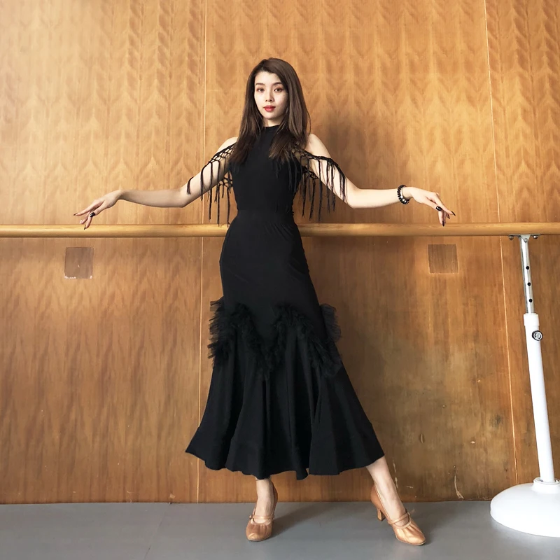 Damska czarna bluzka do ćwiczeń tańca latynoamerykańskiego, wyszczuplająca, z frędzlami, dla dorosłych i dzieci, do tanga, cha cha, samby, odzież treningowa.