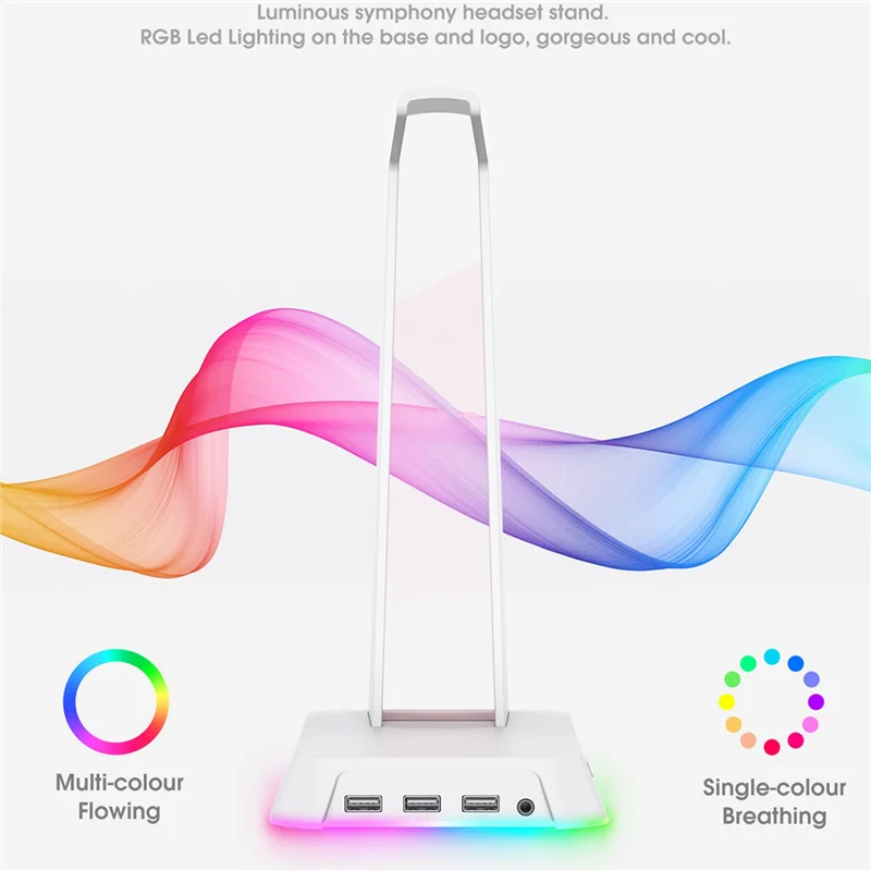 RGB Gaming Headphone Stand Computer Headset Desktop Display Holder Luminous Logo with 3 USB and 3.5mm AUX Ports(White)