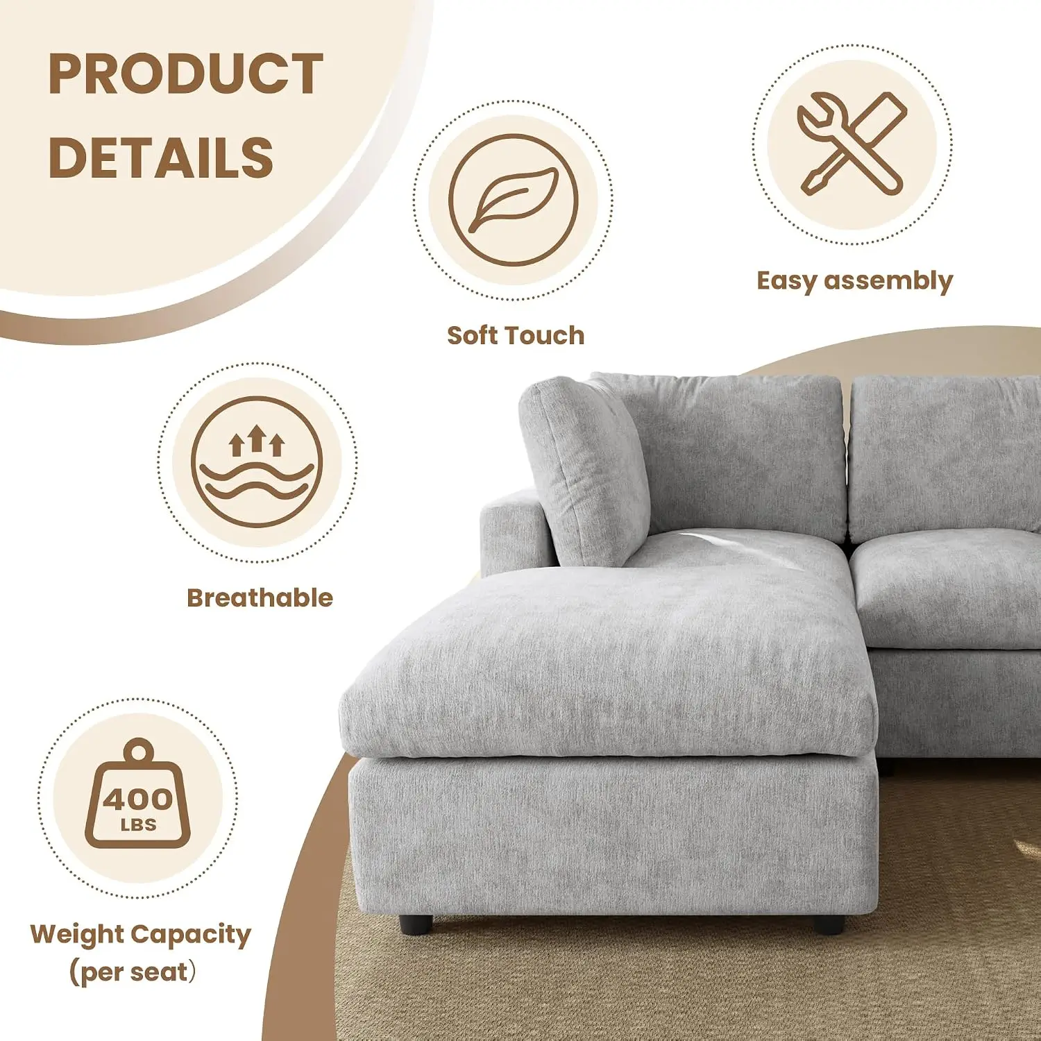 U Shaped Sectional Sofa 134 Inch 4-Seater 2 Ottoman Modular Chenille Deep Seat Living Room Bedroom Apartment Gray, Customized