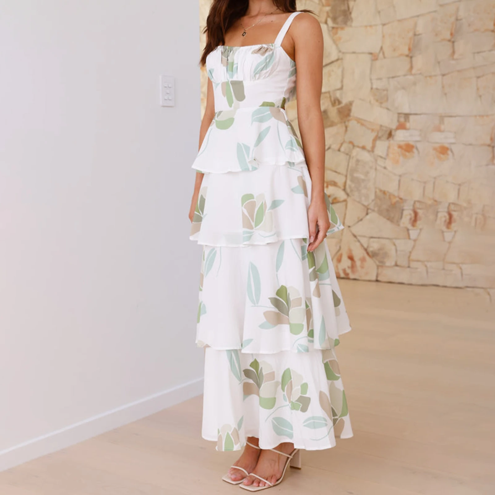Robe longue à plusieurs niveaux pour femmes, imprimé Floral, sans manches, camisole, à nouer dans le dos, à volants, pour la plage, décontractée, 2025