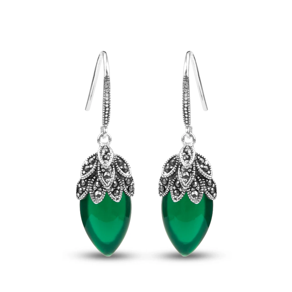 YYSuniee Synthetic Green Agate S925 Silver Earrings Earrings Exquisite Thai Silver Jewelry Thai Silver Earrings for Women