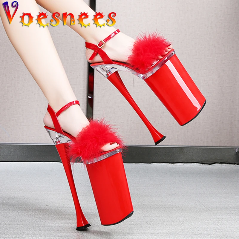 

Voesnees ladies Shoes 2021 Summer New Fur Stiletto Sandals Women Sexy Platform Female Super High Heels 26cm Ladies Wedding Shoes