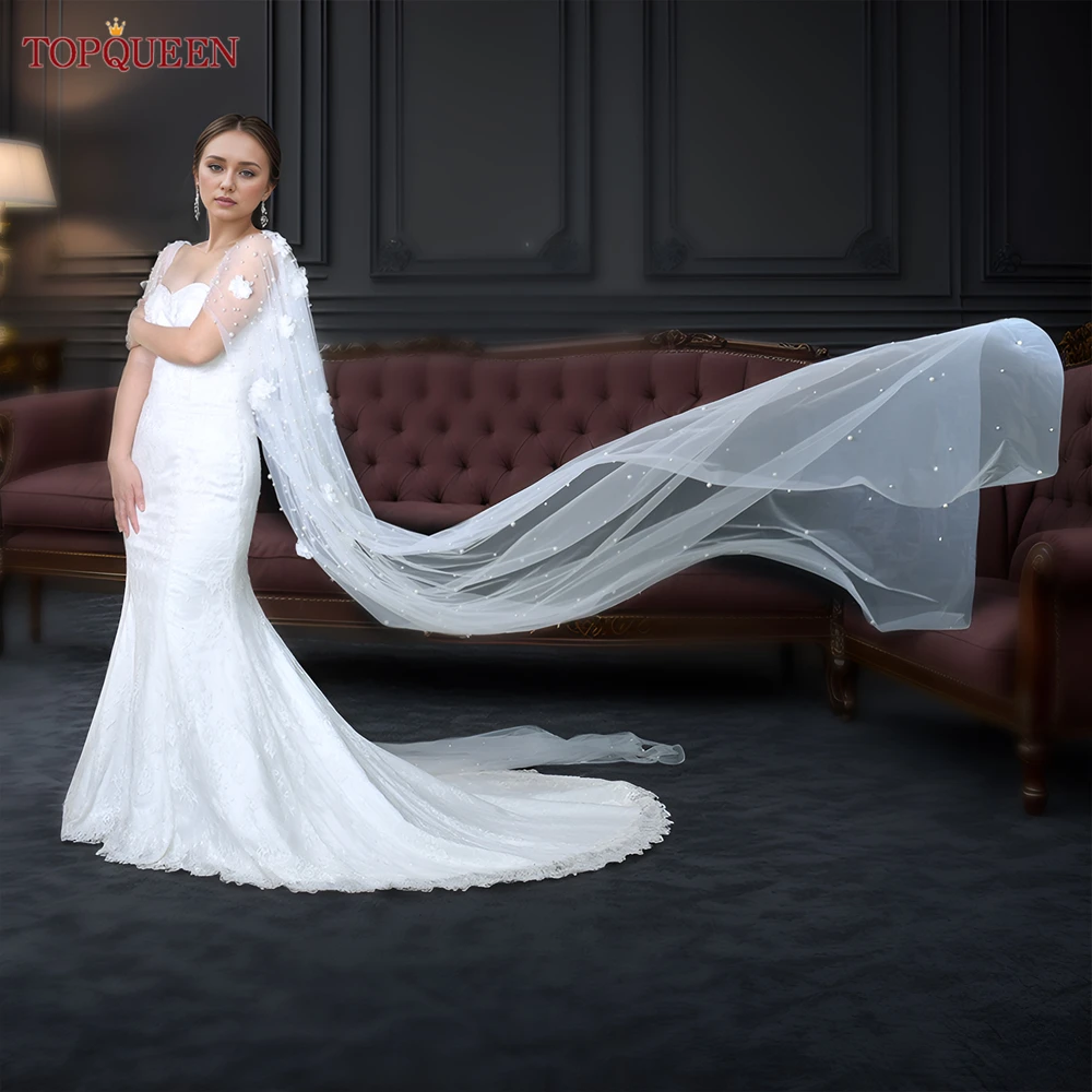 TOPQUEEN VG110 Bridal Shawl Wedding Cape White Flowers With Pearls Draped Newly Designed Cape for Wedding Dress DIY Bolero Women