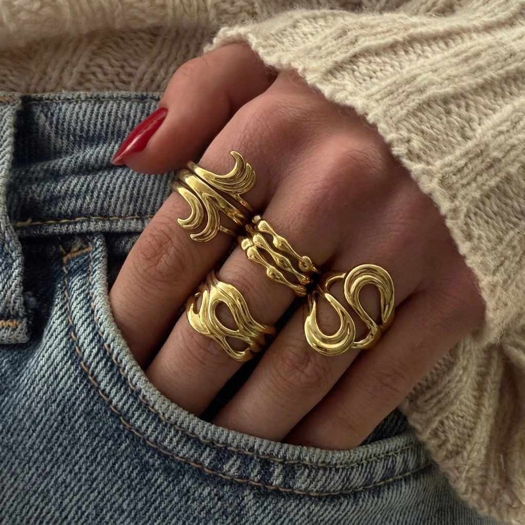 Stainless Steel Multilayer Wave Ring for Women Men Gold Plated Chunky Irregular Geometric Spiral Finger Ring Party Jewelry Gift view 4