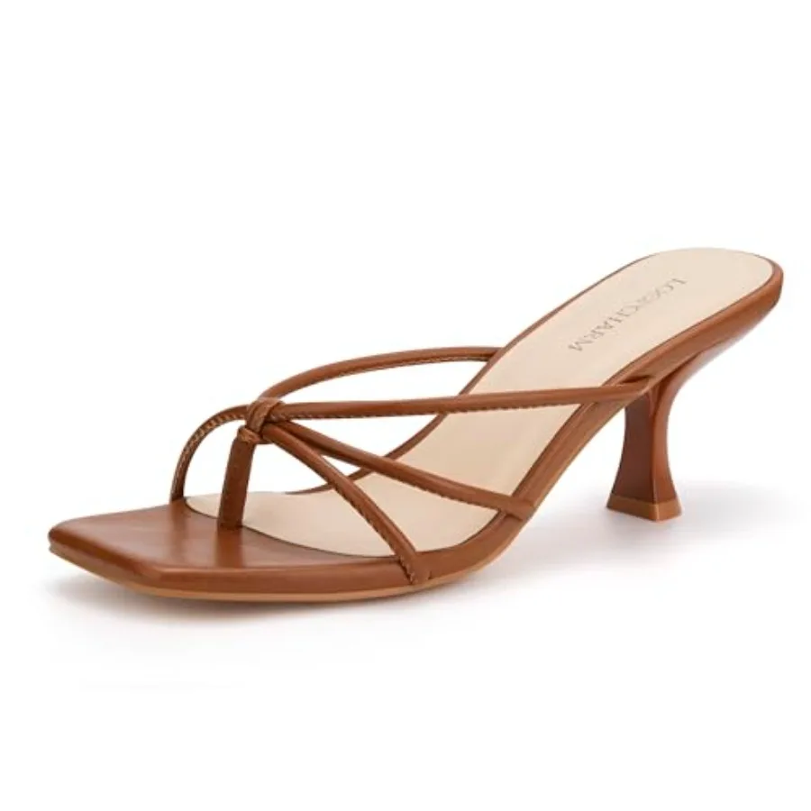 

Women's Strappy Square Open Toe Kitten Heel Thong Sandals Slip On Mule Style Dressy Summer Heels