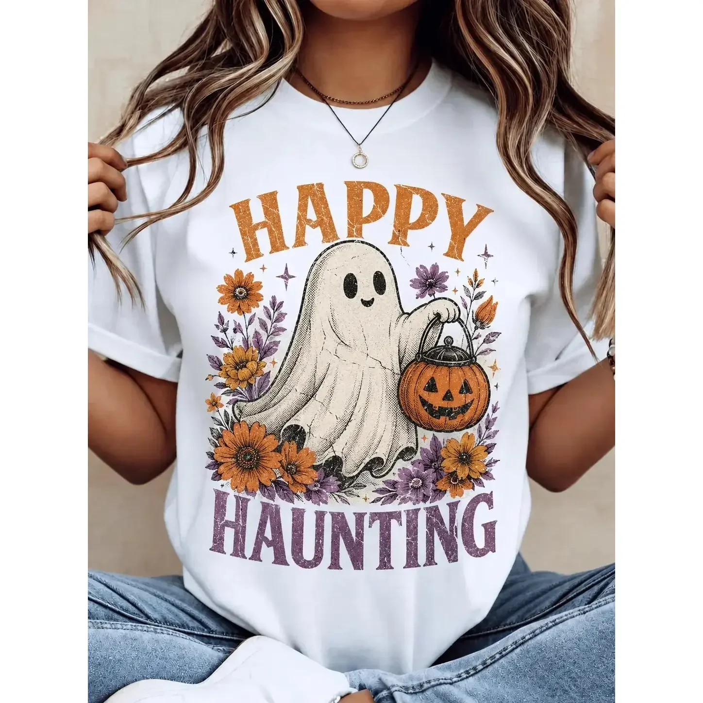 Women's Halloween T-Shirt, Casual Short Sleeve Graphic Top with Happy Haunting Ghost and Pumpkin Print for Parties, Graphics, ShortsleeveXX,Comfort Colors Men's T-shirt Women's T-shirt