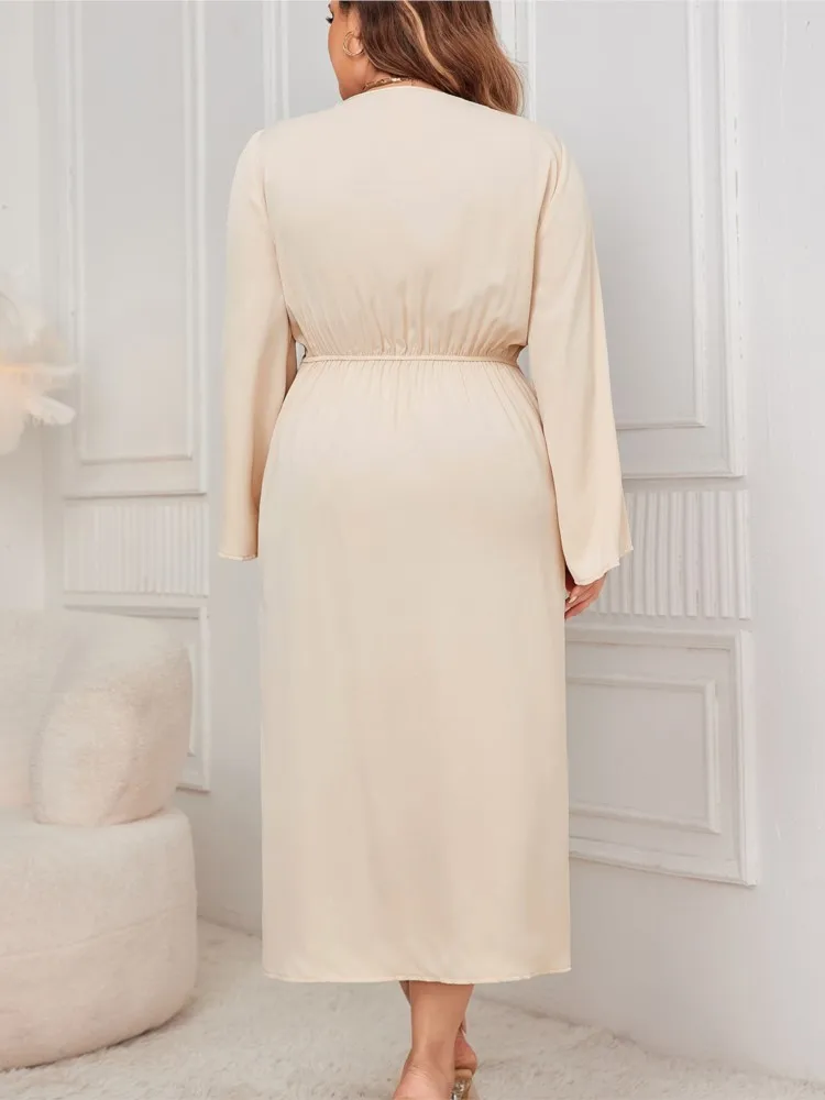 Robe longue plissée irrégulière à col en V pour femmes, grande taille, mode élégante, taille mince, robes à manches longues pour femmes, automne