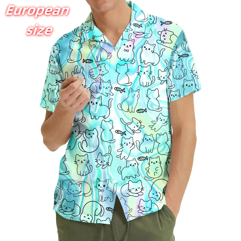 Ghost Pumpkin Cute Cat Pattern Hawaiian Shirt For Men Halloween 3D Printed Blouse Summer Short Sleeve Lapel Tops Aloha Shirts