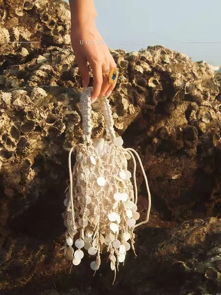 Shell Case Beading Tassel Woven Handmade Women Handbag Fashion Hollow Out Knitted Clutch Purse Holiday Vacation Travel Bag