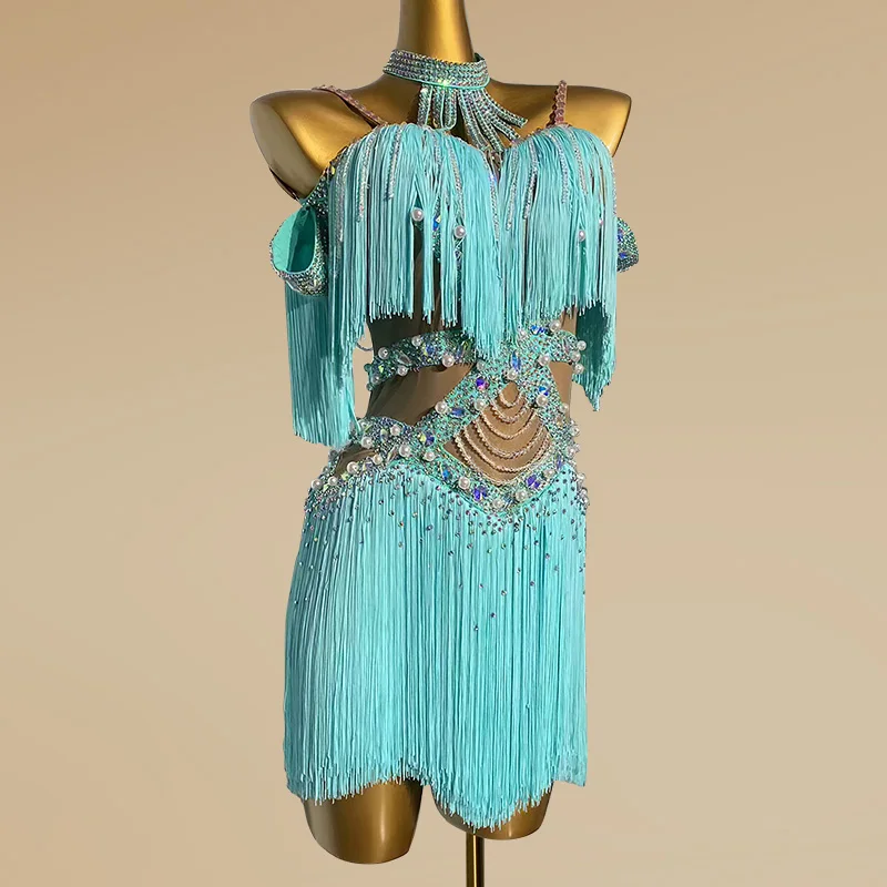Latin Dance Dress Competition Flower Dress Girls' Tassel Skirt Black Pool Premium Edition Design Performance Dress Pearl Rumba
