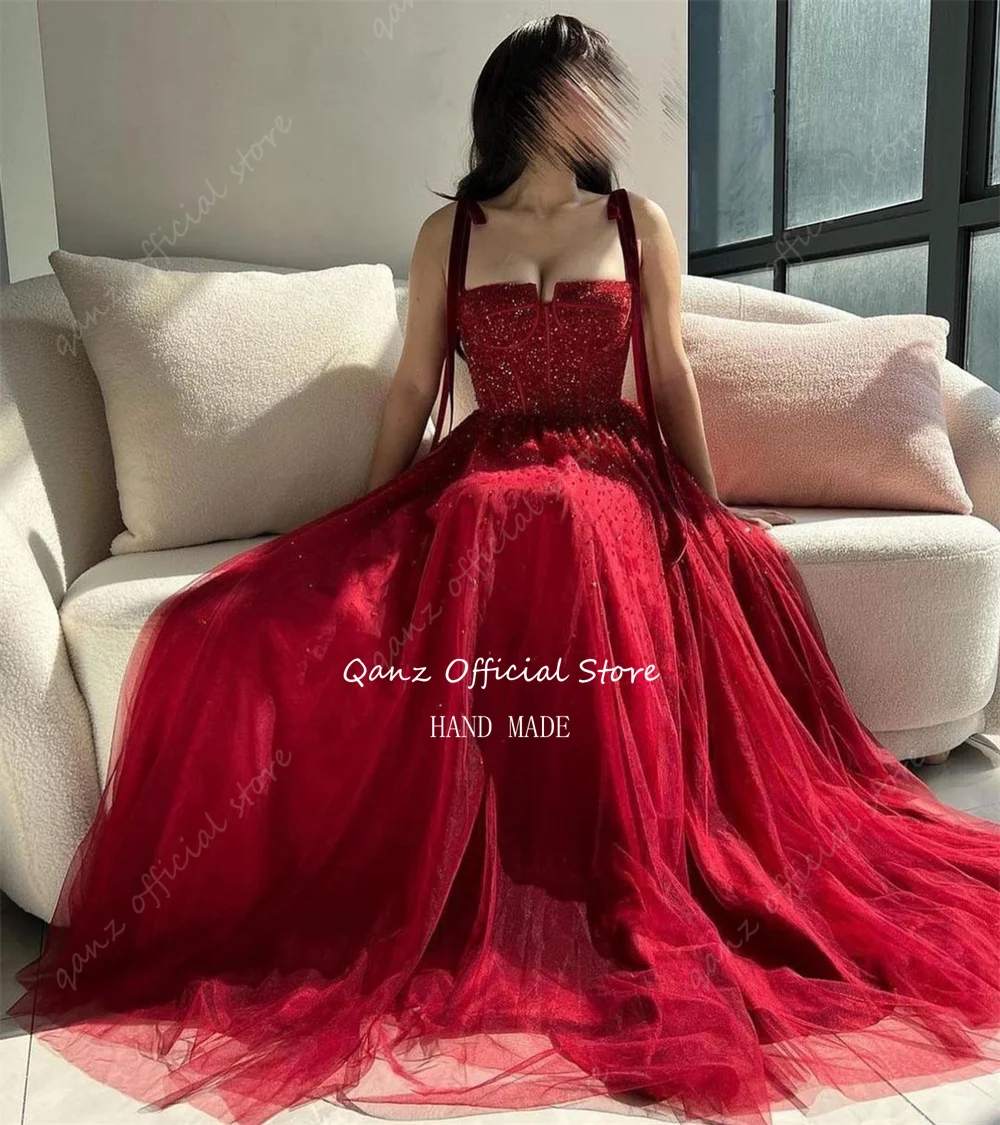 Qanz Burgundy Tulle Evening Dresses Abendkleider Dubai Bow Straps Sequined Long Formal Dresses For Women Party Dresse Customized