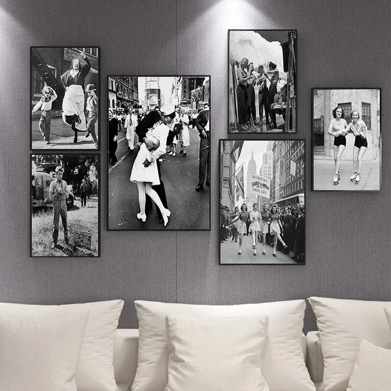 Classic Black And White Photography Poster Canvas Painting Vintage Skate To Work Save Gas Lover Kiss Wall Picture Home Decor