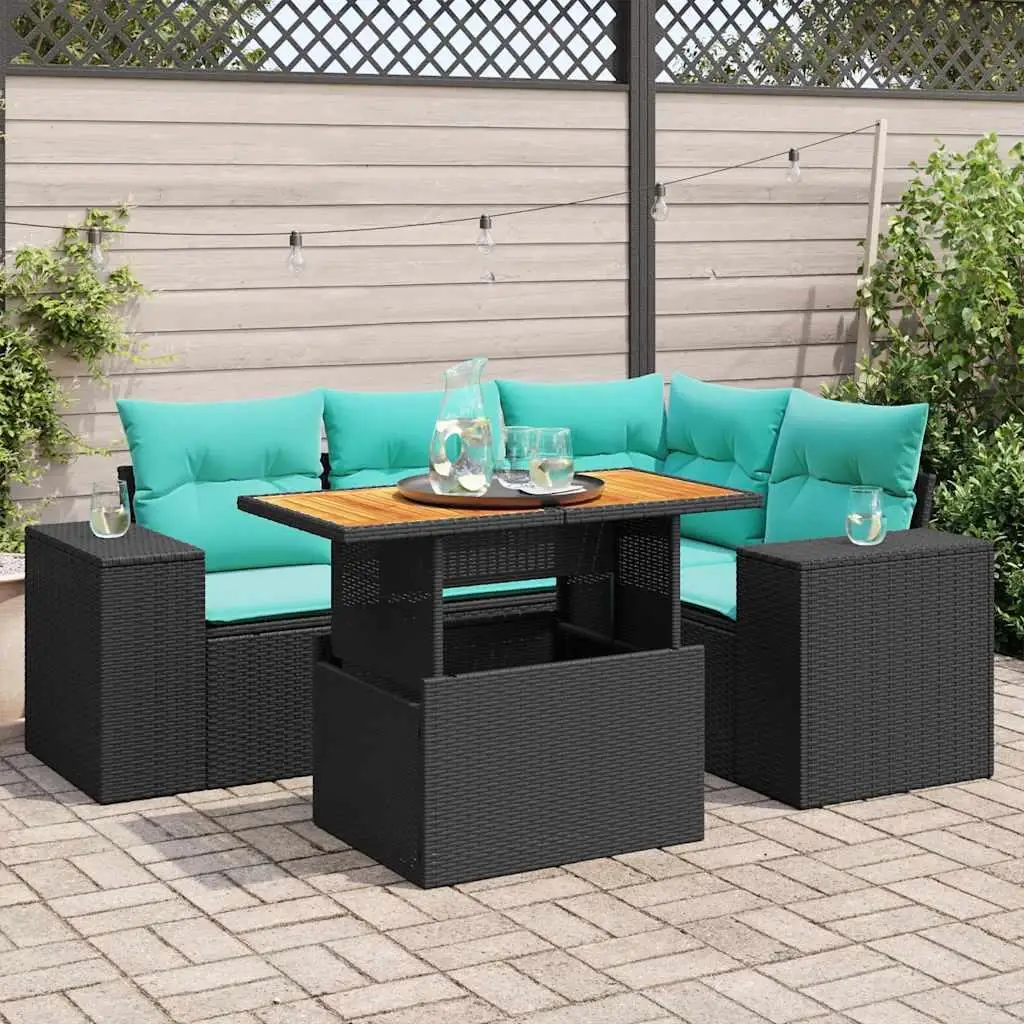 

5 Piece Outdoor Patio Sofa Set with Cushions Black Wicker Rattan Furniture