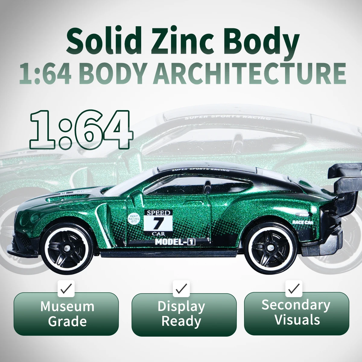 1:64 grünes Legierungs-Rennmodell-Spielzeugauto, Ausstellungsbox kann gekauft werden, exquisite Druckguss-Technologie, sehr wiederherstellendes Supercar-Aussehen, kühler Wind, exquisite Details, super geeignet für die Sammlung von Autofans |   Display, Spielen mit Desktop |   Kreative Heimdekoration, Geburtstag und Feiertage (Weihnachten, Halloween), beste Geschenke