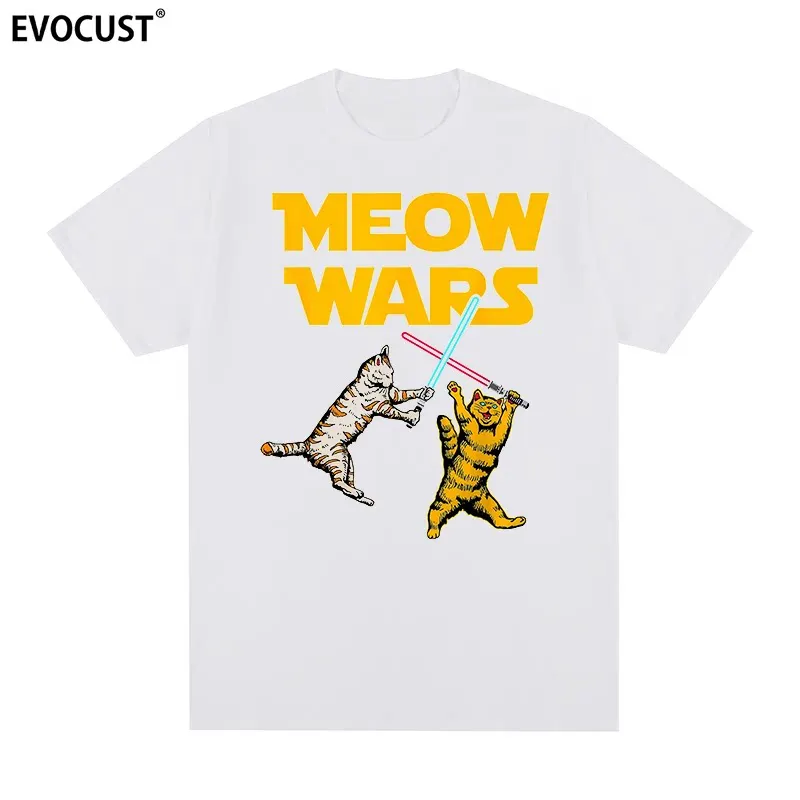 

Футболка с коротким рукавом Meow Wars Cat: пародия на Star Wars, для владельцев домашних животных, мужская и детская, из чистого хлопка, с круглым вырезом, одежда в стиле Instagram