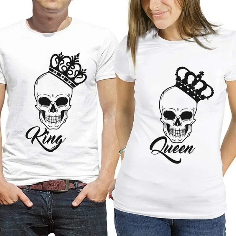 King Queen Couples T Shirt Skull Crown Printing Couple Clothes Summer T-shirt Women Man Casual O-neck Tops Lovers Tee Shirt