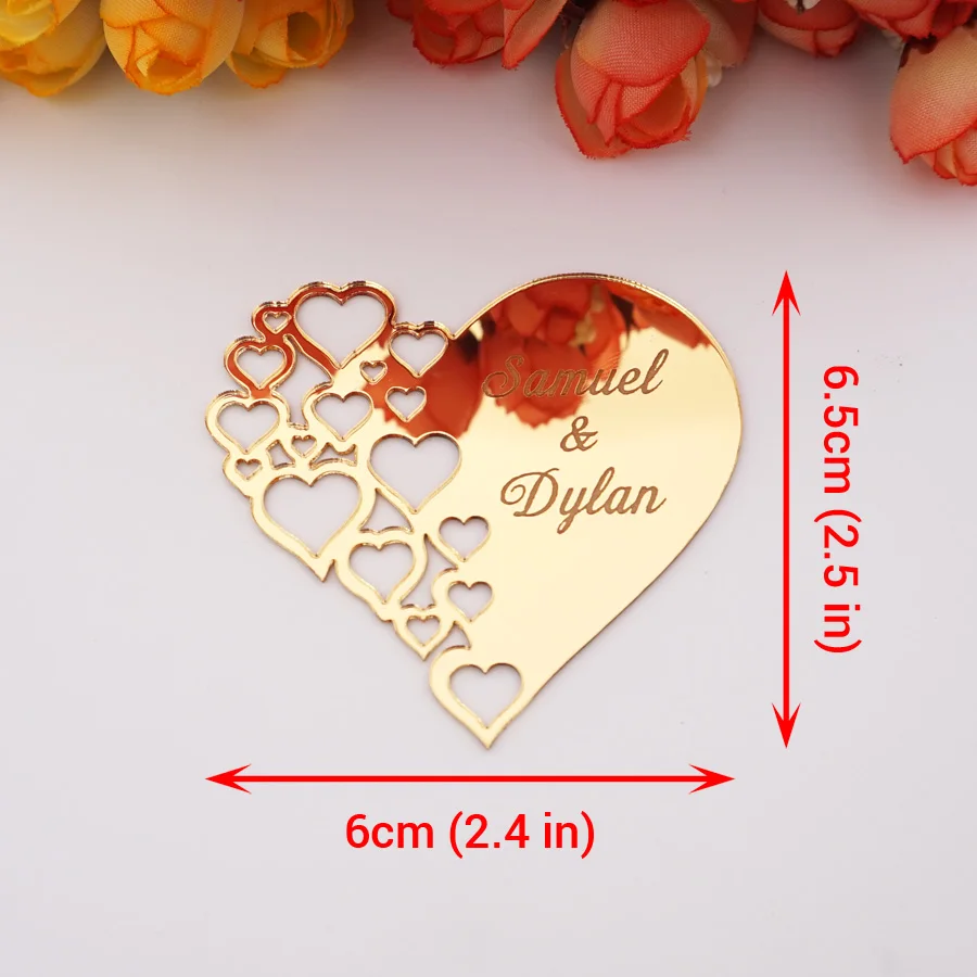 6*6.5cm Hollow Out Heart Design Custom Engraved Couple Name Acrylic Sticker Bridal Shower Personalized Birthday Party Decor