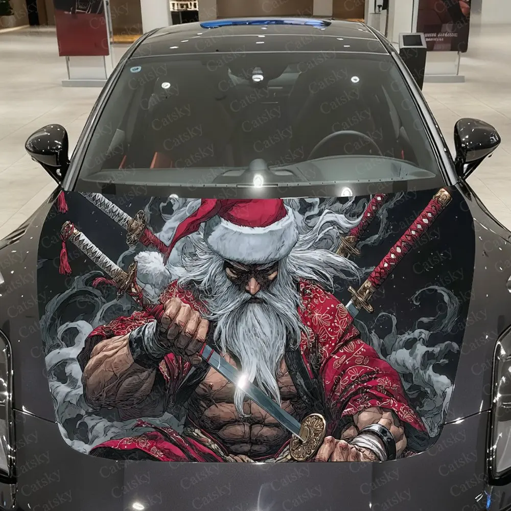 Santa Warrior Holding Multiple Blades Car Vinyl Wrap, PVC Waterproof Car Hood Sticker, Self-Adhesive Scratch-Resistant Stickers