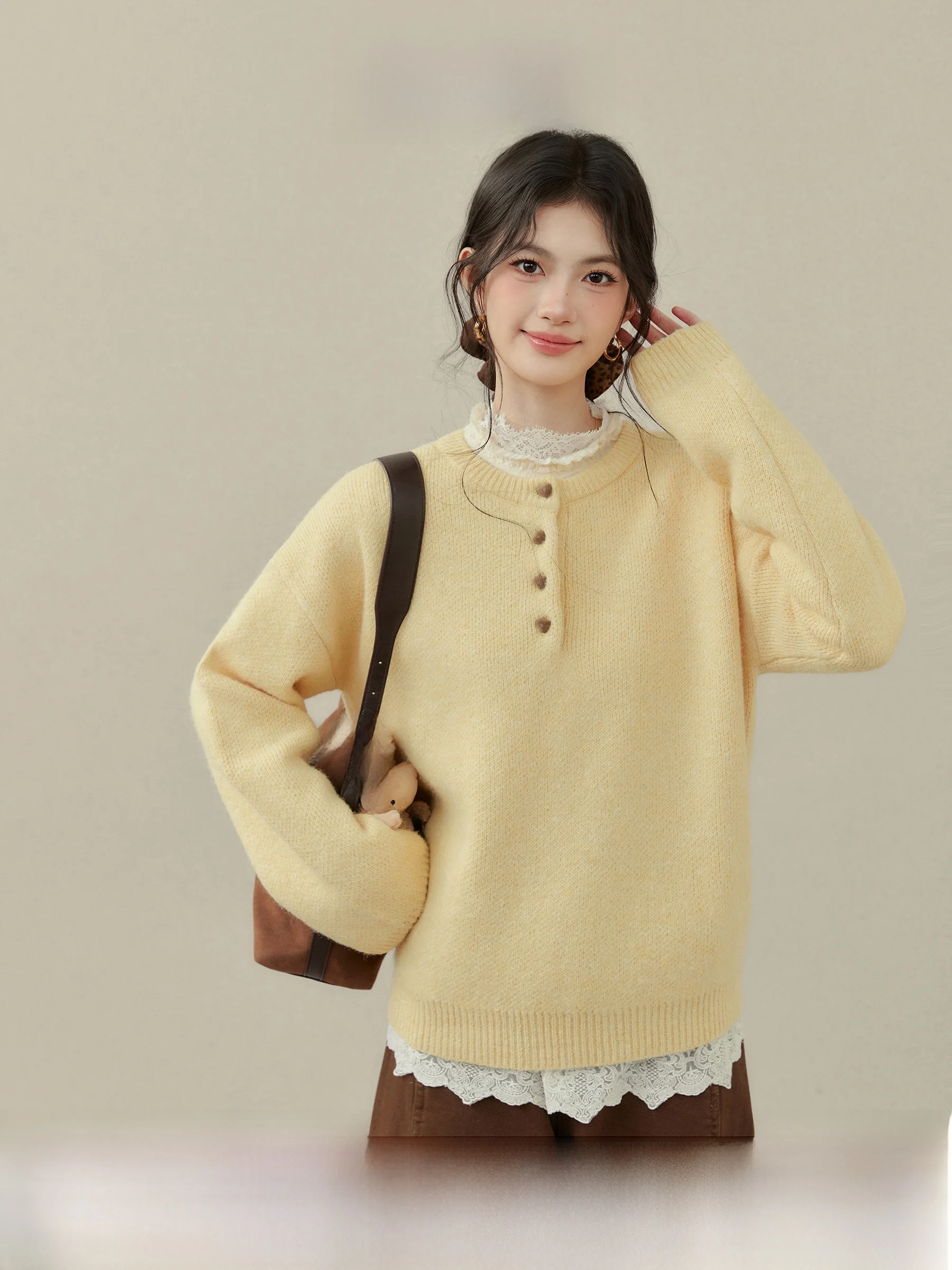 

Butter Bear Cookie Yellow Knitted Sweater Women's Autumn Winter Lazy Henry Collar Top Online Exclusive Sweet Sle Long Sve