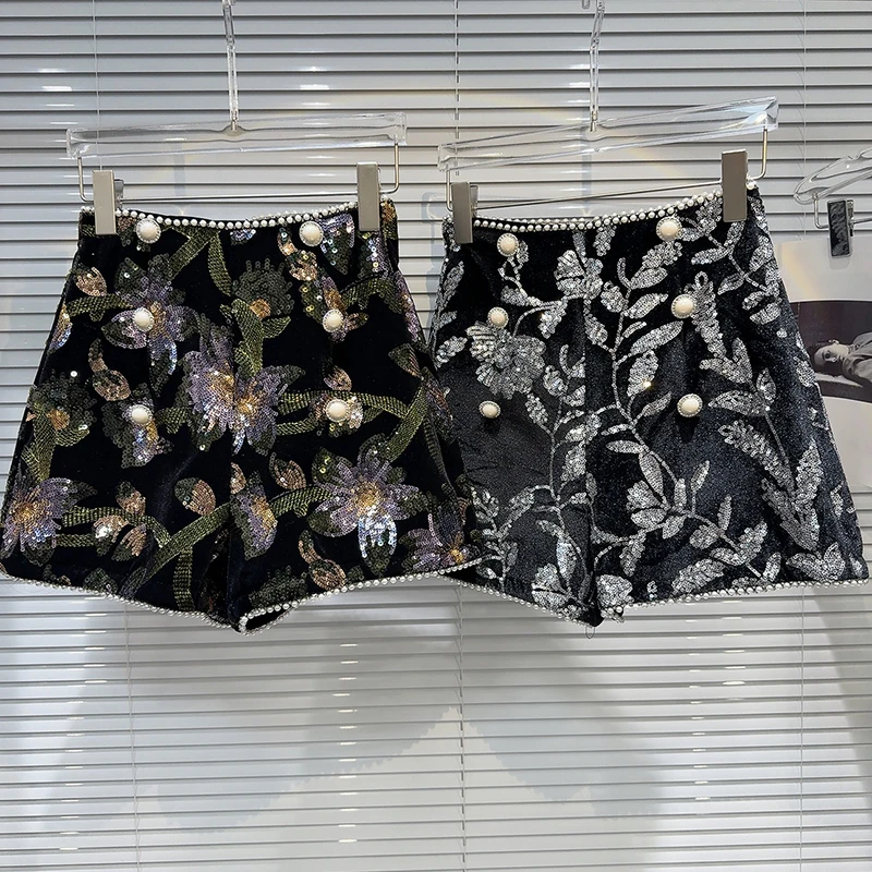 

2025 winter new item gorgeous pearl flower embroidery velvet pearl border three party shorts boots and pants for women
