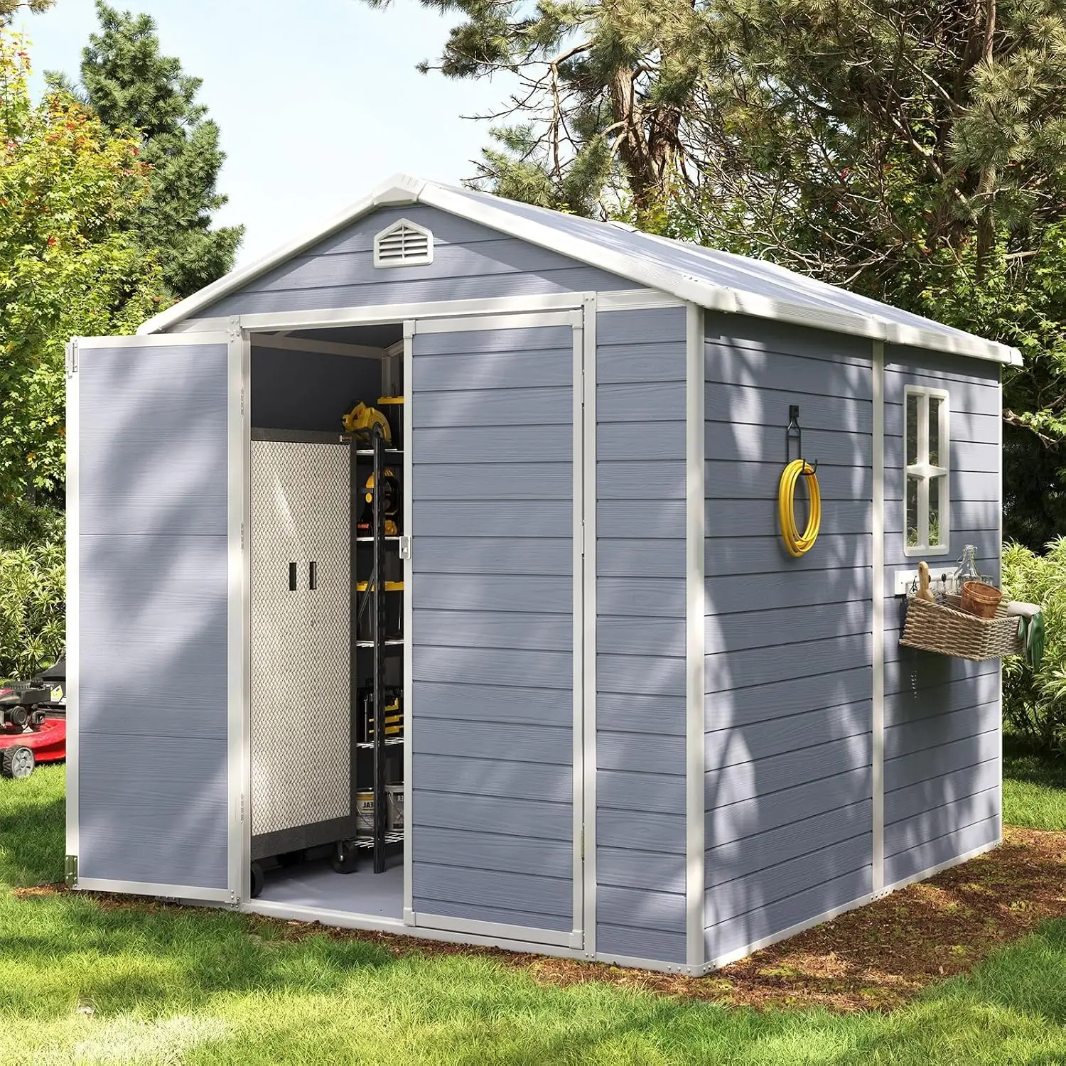 8 x 6 FT Outdoor Storage Shed with Window, Resin Shed with Floor & Lockable Doors, Garden Shed Waterproof Plastic Tool, Custom