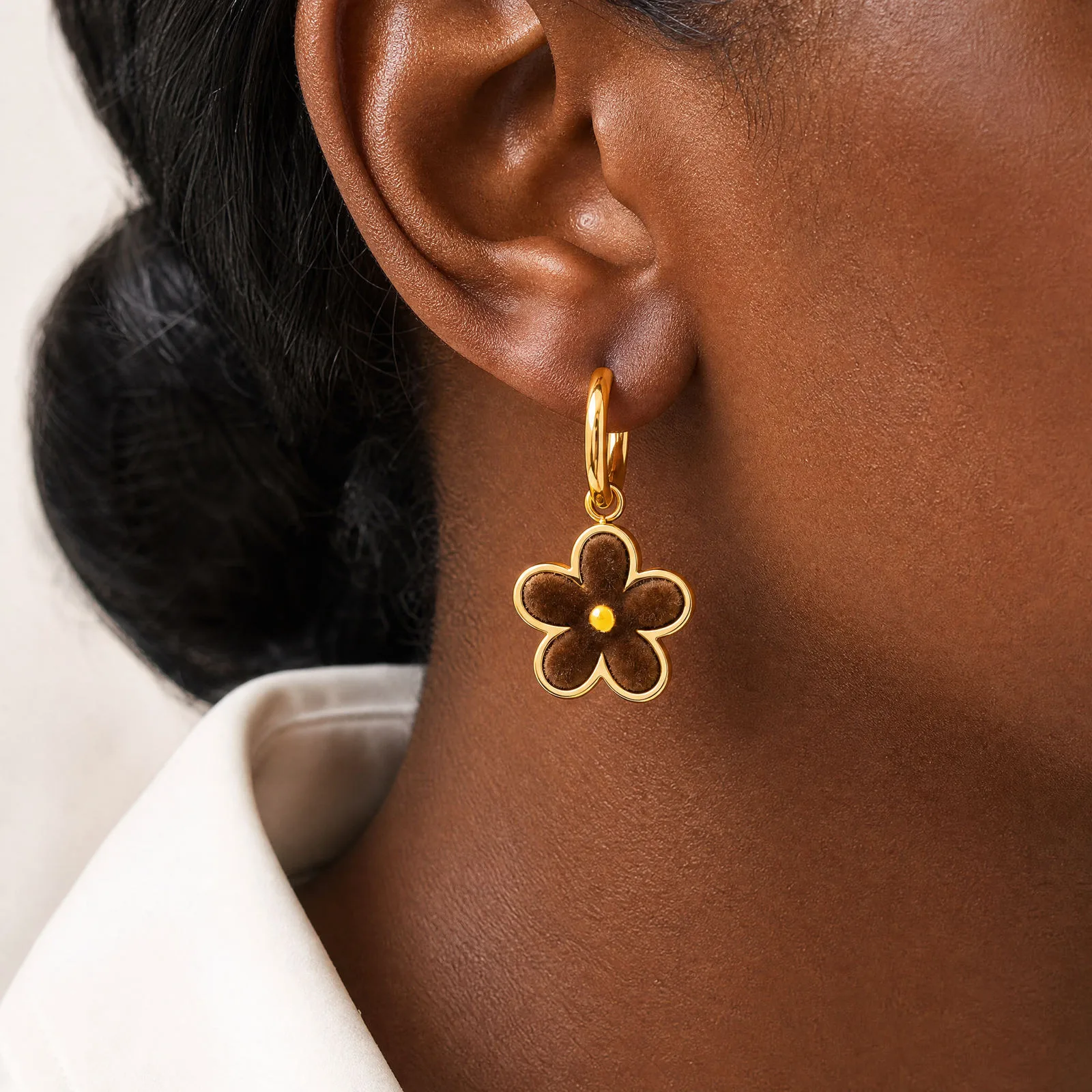 Flower Charm Hoop Earrings for Women, 18K Gold Plated Stainless Steel Huggie Hoops, Cute Five Petal Floral Jewelry