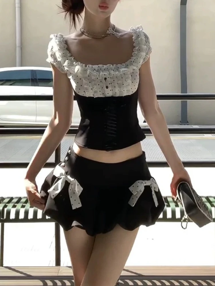 

Sweet Spice Girl Vintage Slim 2 Piece Set Women Polka-dot Stitching Top + Bow Bud Shorts New French Fashion Slim Y2k Outfit 2025