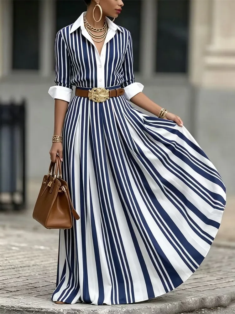 Yeezzi Damen-Hemdkleid mit kontrastfarbenen Streifen und Revers, halbe Ärmel, hohe Taille, elegantes, lässiges Büro-Maxikleid ohne Gürtel – Detail 7