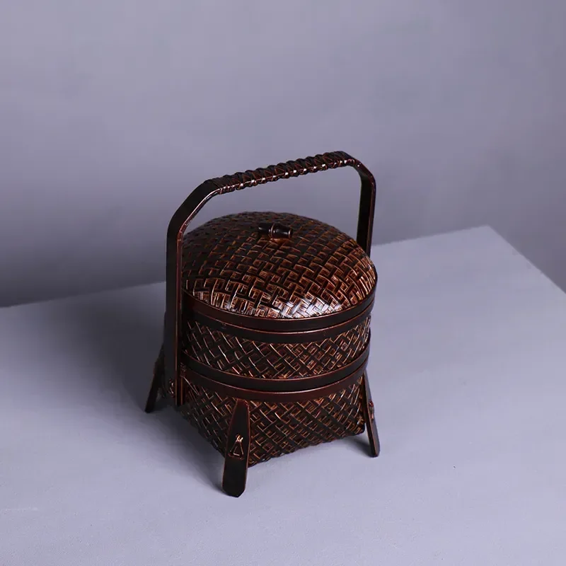Large Lacquer Bamboo Woven Food Box Double Layer Packaging Basket Snack Storage Container Bamboo Handicrafts Wholesale