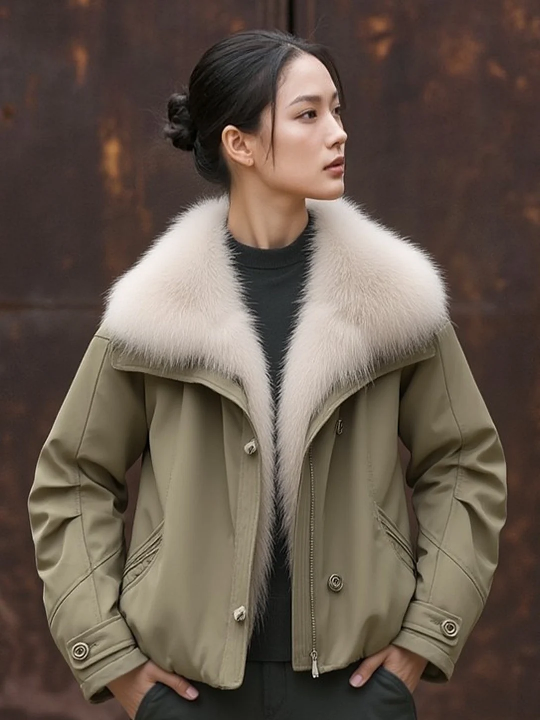 เสื้อแจ็คเก็ตดาวน์สำหรับผู้หญิง รุ่นทหาร สำหรับฤดูหนาว เสื้อคลุมลำลอง ทรงปกติ สีขาว ไส้ขนเป็ด