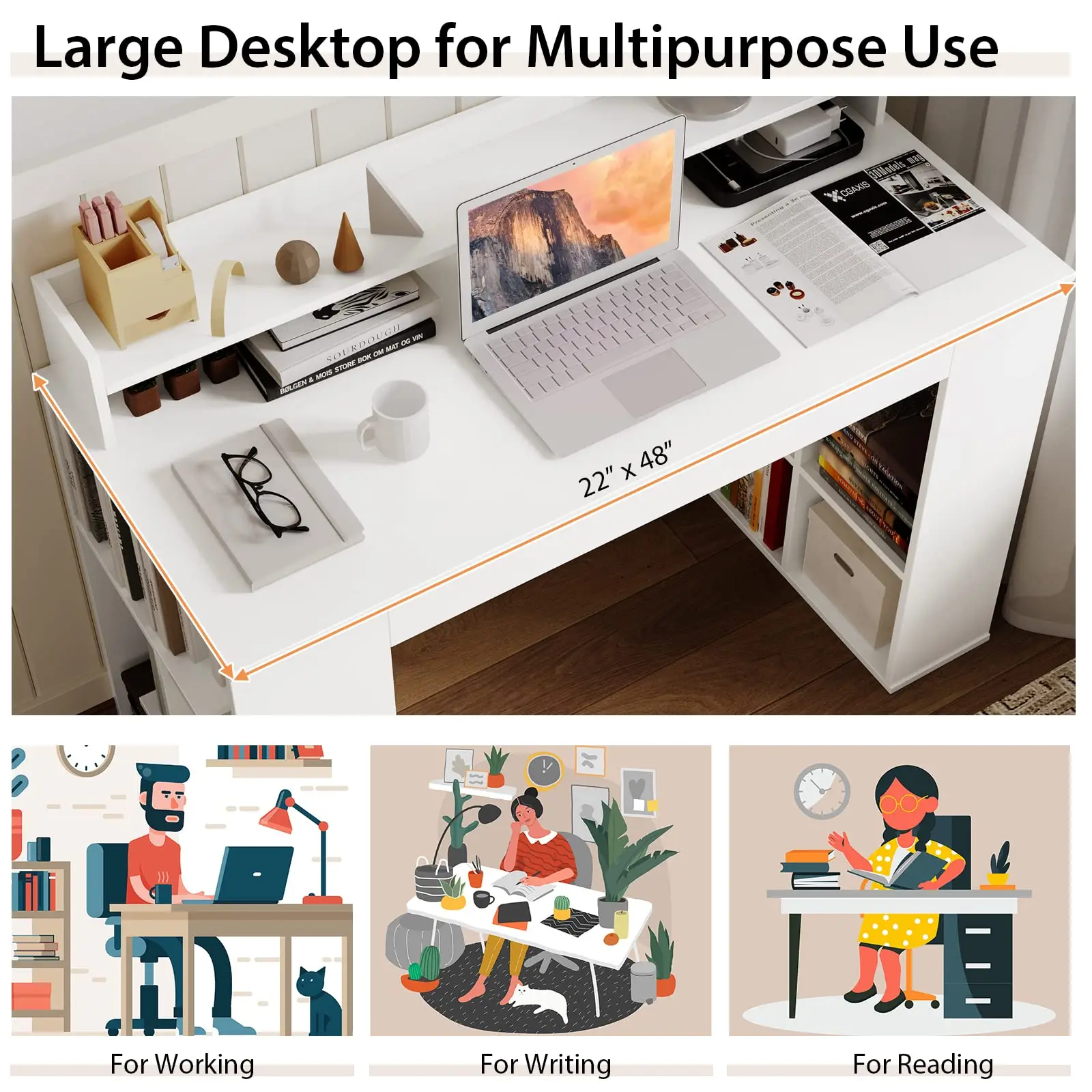 White Desk with Storage Bookshelf, Home Office Computer Desk with Dual 3 Tier Bookshelf & Monitor Shelf, Study Writing Desk image 3