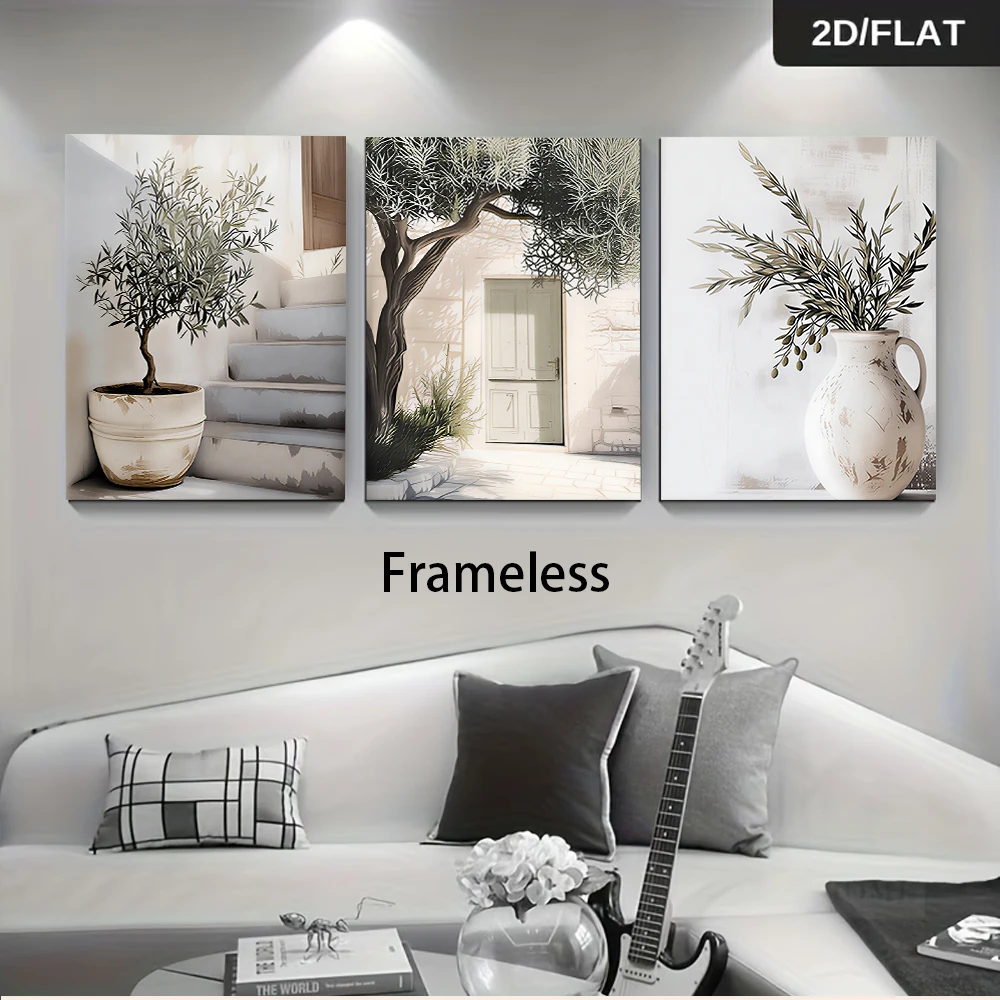 1 Satz moderner, minimalistischer, rahmenloser Olivenbaum-Triptychon-Gemälde für Schlafzimmer oder Eingangsbereich (2D-Flachdesign)