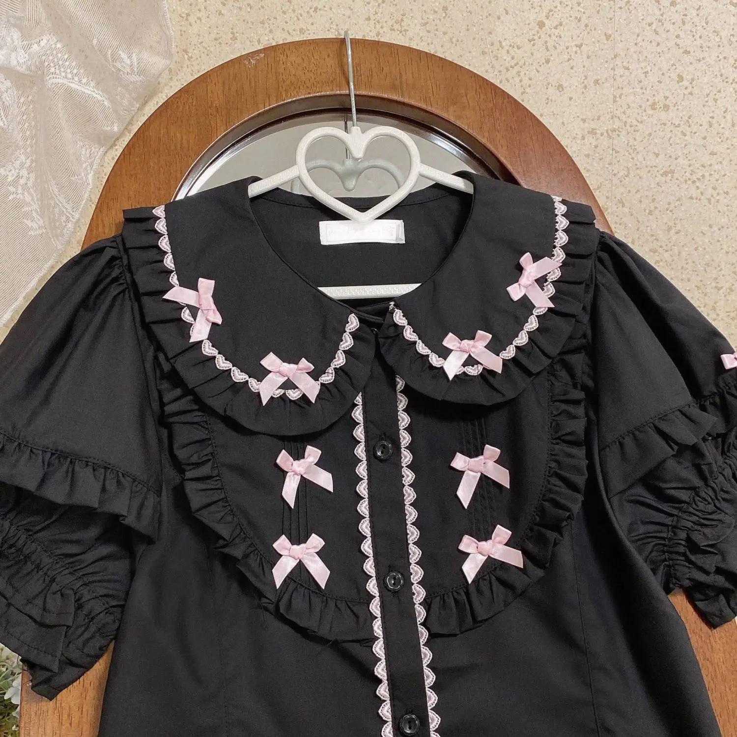 Kawaii Lolita Blouses Women Elegant Bow Ruffles Peter Pan Collar Shirts Tops Girly Casual Puff Blusas Mujer Gothic Blouse