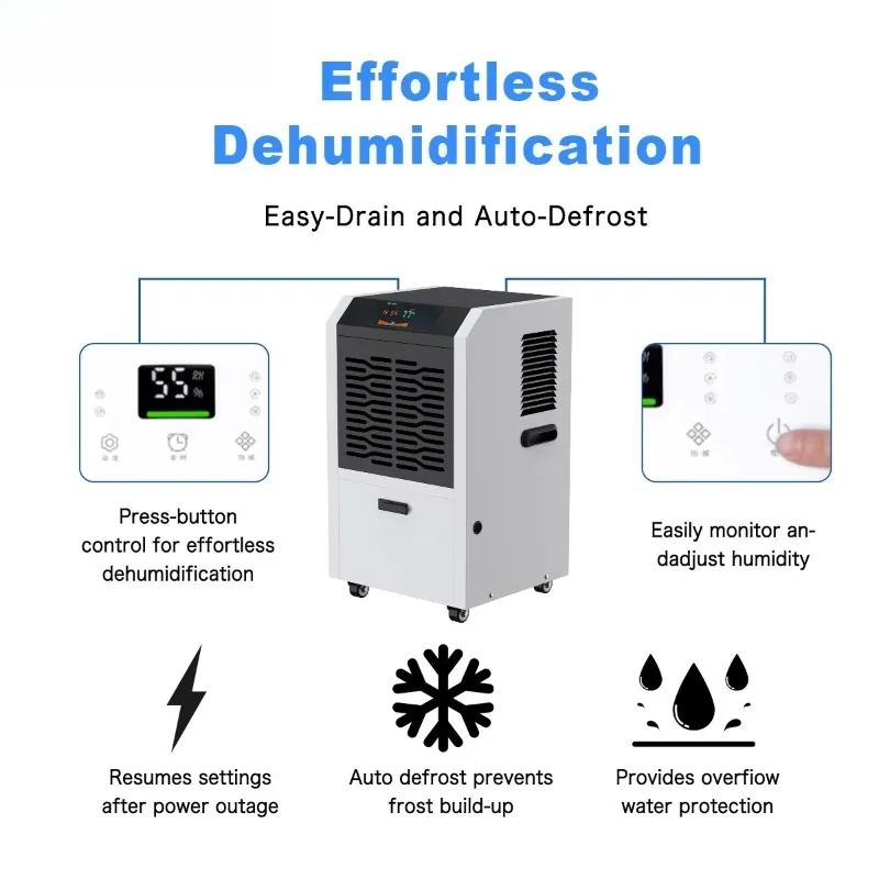 Stainless steel industrial dehumidifier 56L/D 800W 30Kg with continuous drainage function, suitable for workshop
