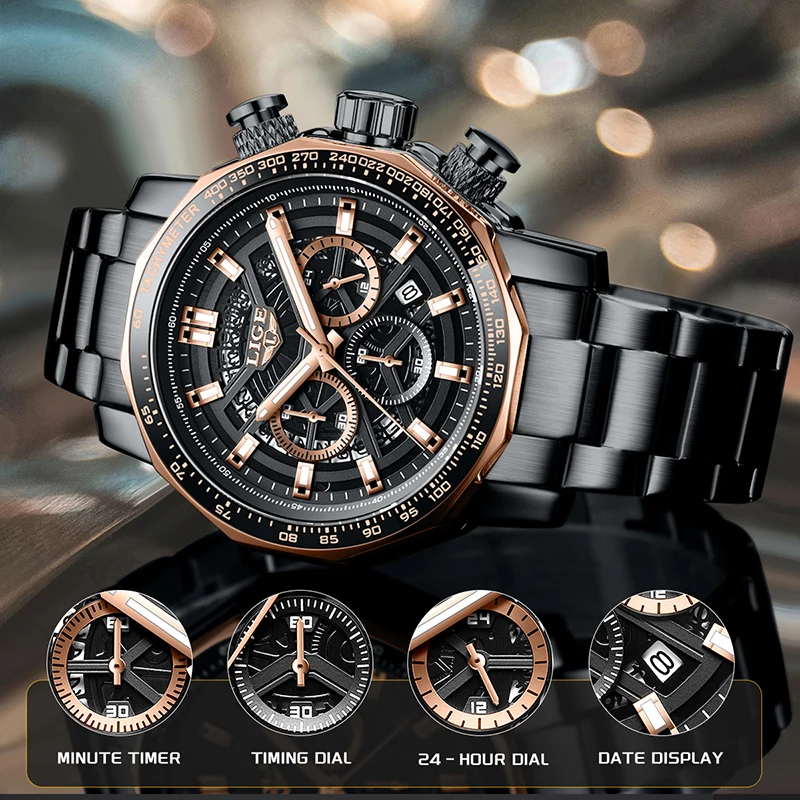 ساعات رجالية فاخرة جديدة للأعمال من TOP LIGE مقاومة للماء ساعة مضيئة من الفولاذ المقاوم للصدأ ساعات عصرية للرجال montres hommes + BOX