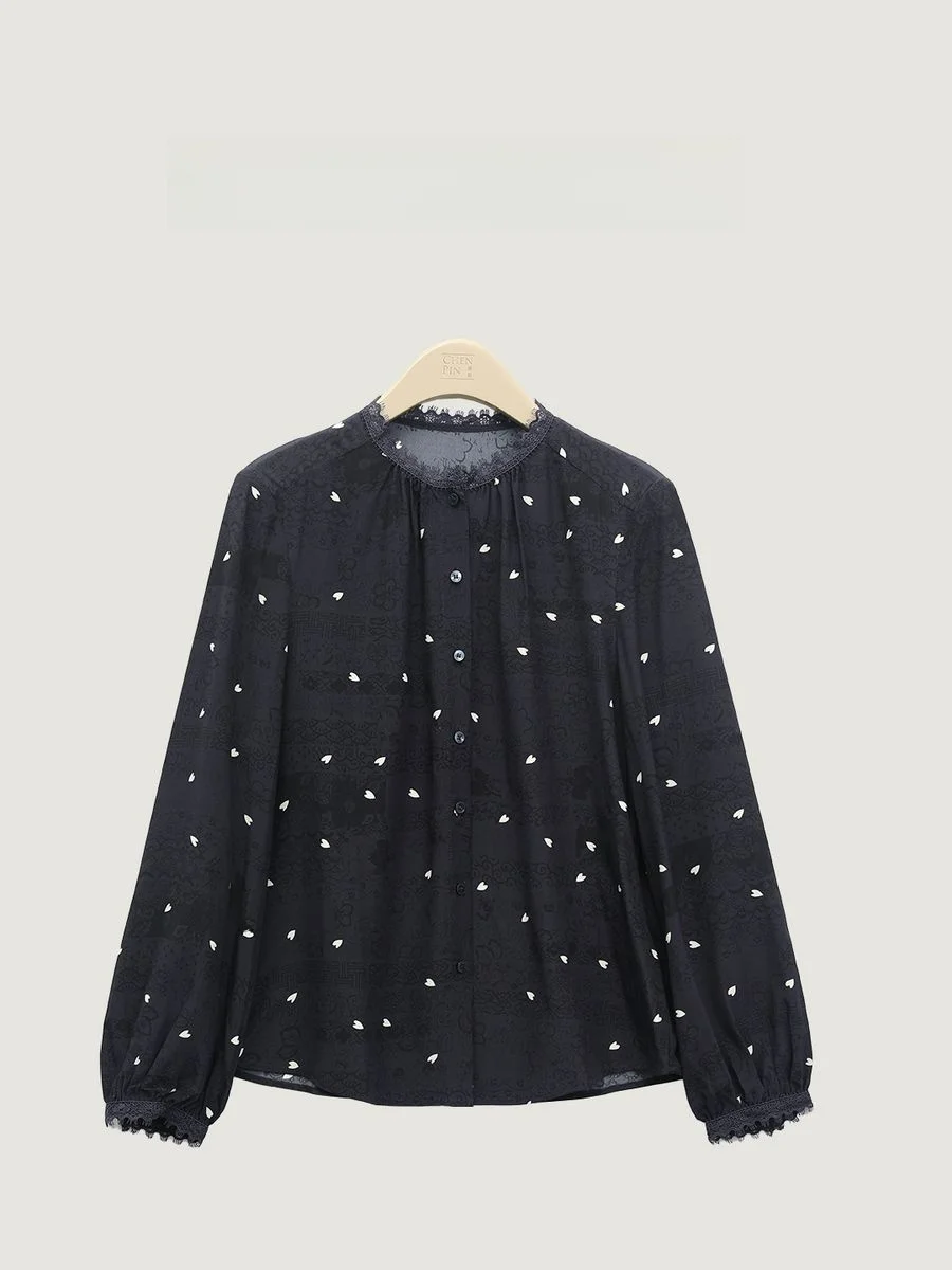 

Ele Silk Lace Trim irt French Sle ort Sve round Ne Regular Length Women's Casual irt Pearled Love Heart Pattern