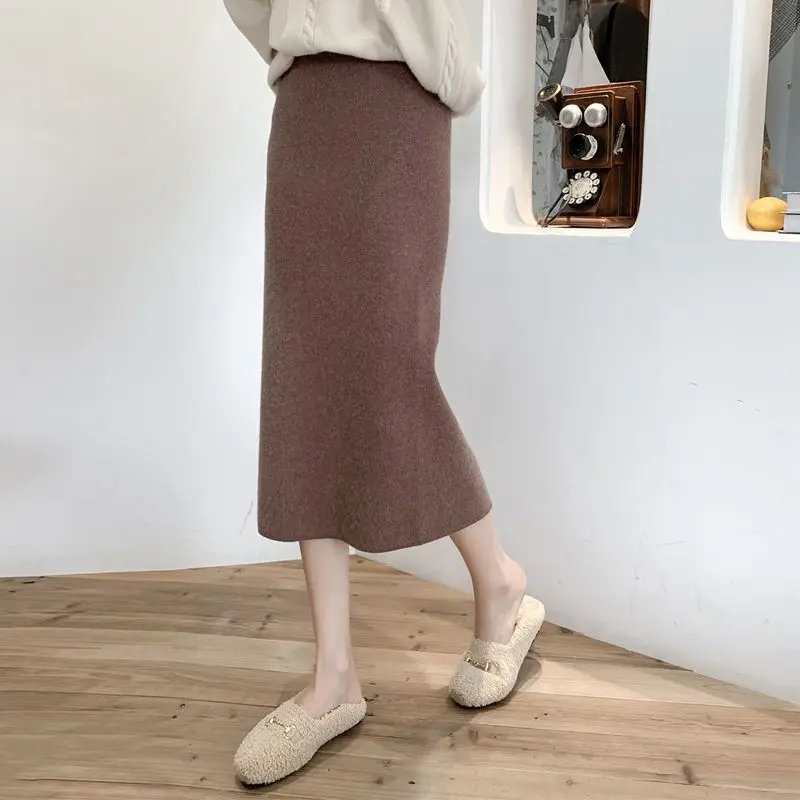 

Women Knitted Split Skirts Vintage Soft High Waist Solid Elegant Skirts Midi Casual Package Hip Office Lady Long Pencil Skirts