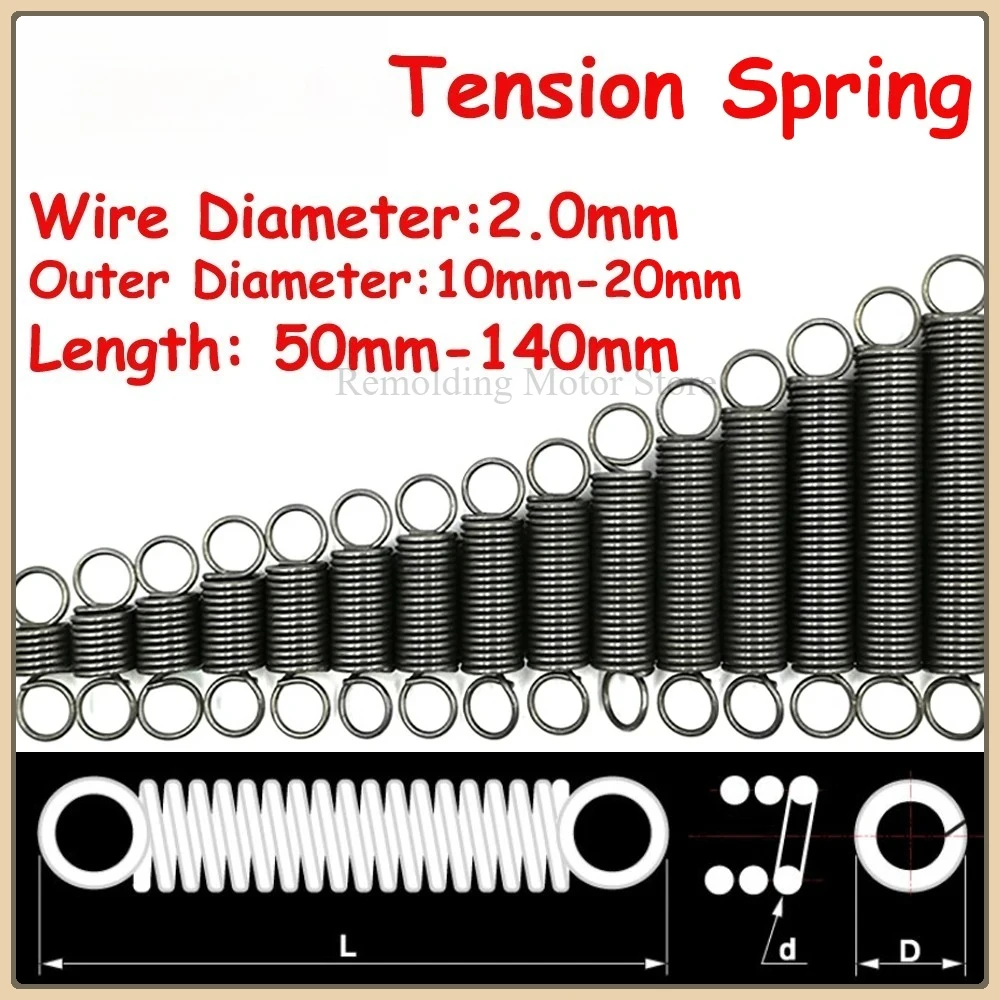 Manganese Steel Tension Spring Wire Diameter 2mm OD10mm-20mm Closed Hook Cylindrical Helical Pullback Extension Coils