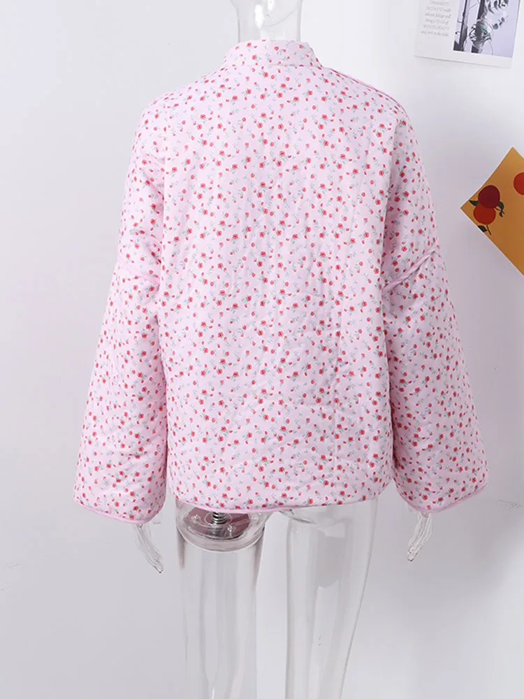 Damska gruba, ciepła parka na jesień i zimę 2025, nowa, luźna, z kwiatowym nadrukiem, sznurowana, pikowana kurtka damska z dekoltem w serek i długimi rękawami.