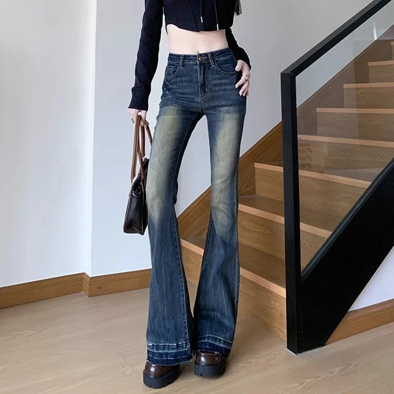 Woman Vintage High Waist Baggy Bell Bottom Jeans Female Fashion Flare Pants Girls Aesthetic Blue Trashy Y2k 2000s Denim Trousers