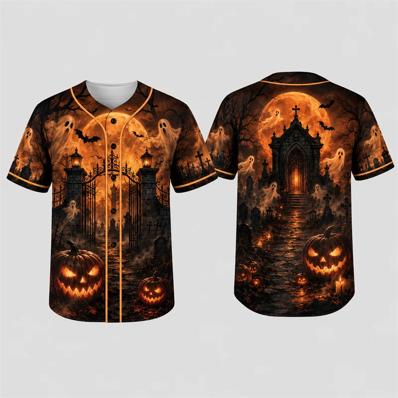 Vintage Fashion Pumpkin Bat Halloween Baseball Jersey 3D Printed Unisex Breathable Button Baseball Jersey Holiday Party Outfit