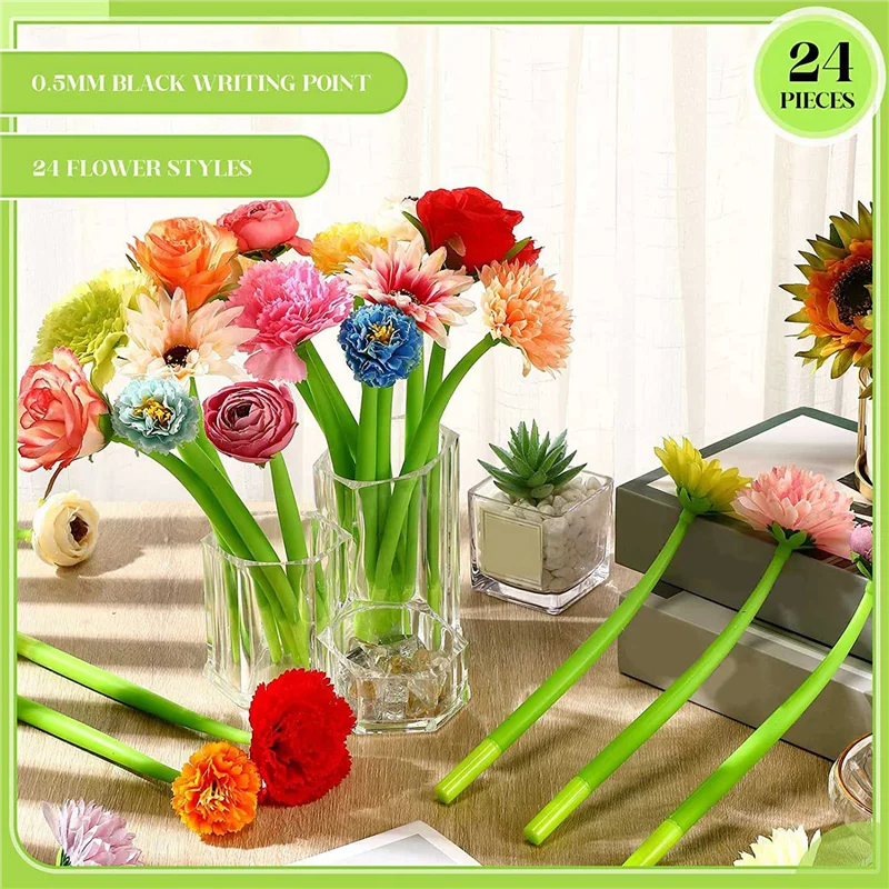 48 قطعة أقلام زهرة ألوان مختلفة ديزي روز قرنفل قلم حبر جاف الجدة الاصطناعي روز القلم 0.5 مللي متر قلم حبر أسود