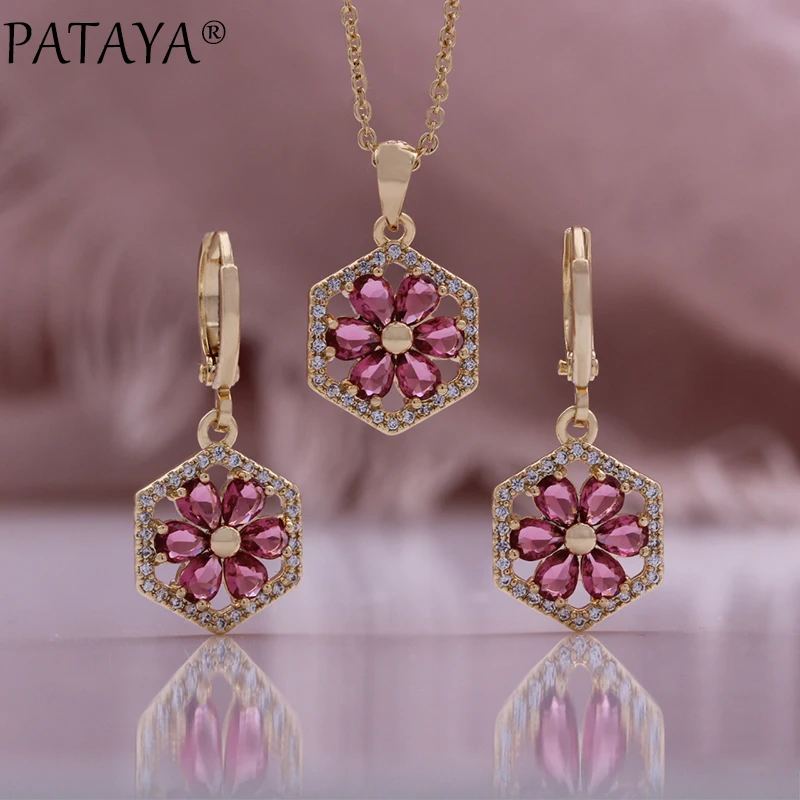 PATAYA Red Natural Zircon Stud Earrings for Women 585 Rose Gold Color Flower Earrings Quality Daily Fine Vintage Jewelry Sets