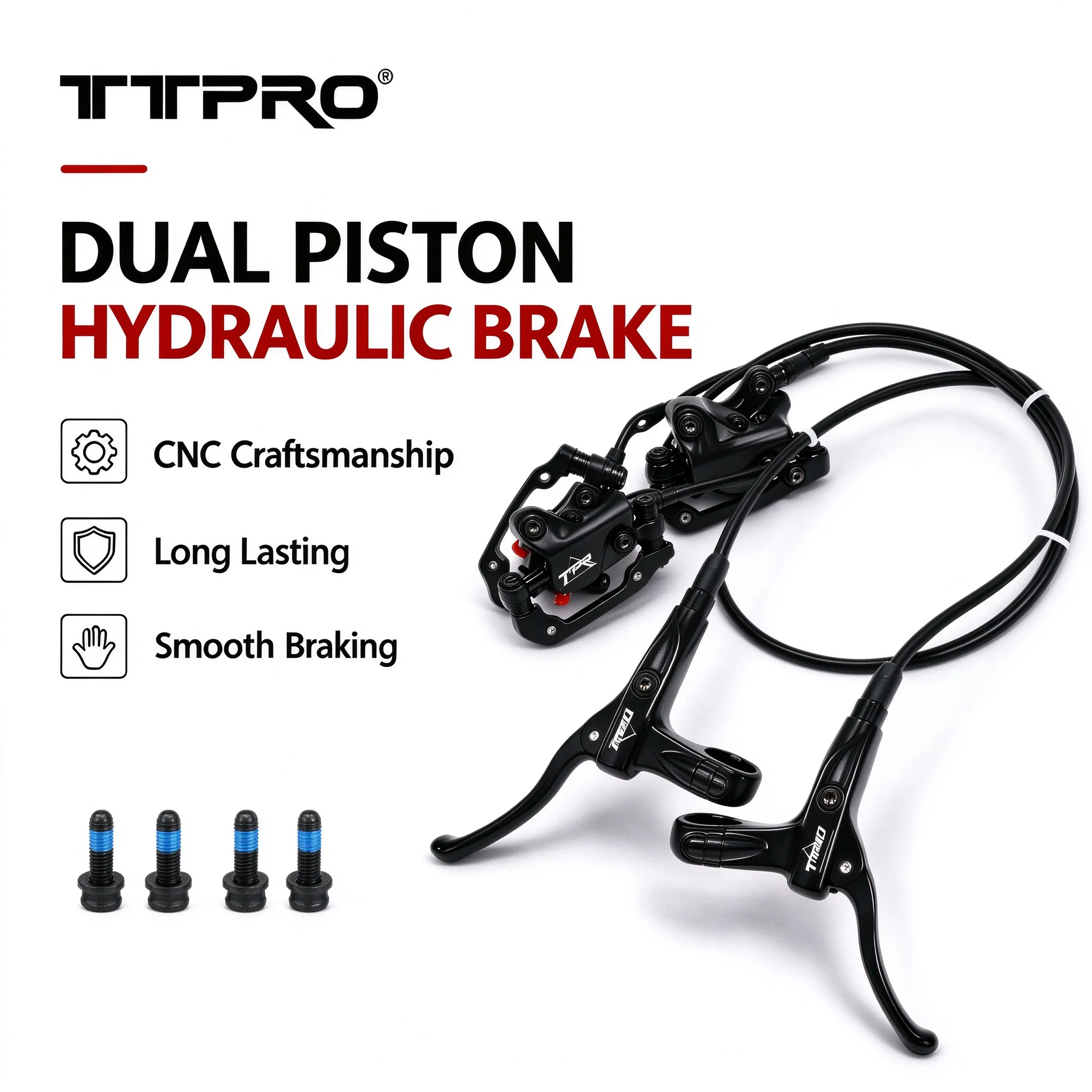 TTPRO TP-MT200 2 Piston Hydraulic Disc Brake, MTB Mountain E-Bike Brake Set Front Rear, Compatible with Shimano BMX Bike Parts