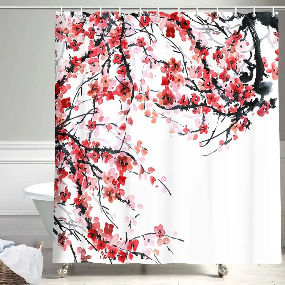 

Ink Plant Flowers Shower Curtain Red Plum Japanese Cherry Blossom Bath Curtains Watercolor Print Modern White Bathroom Decor Set