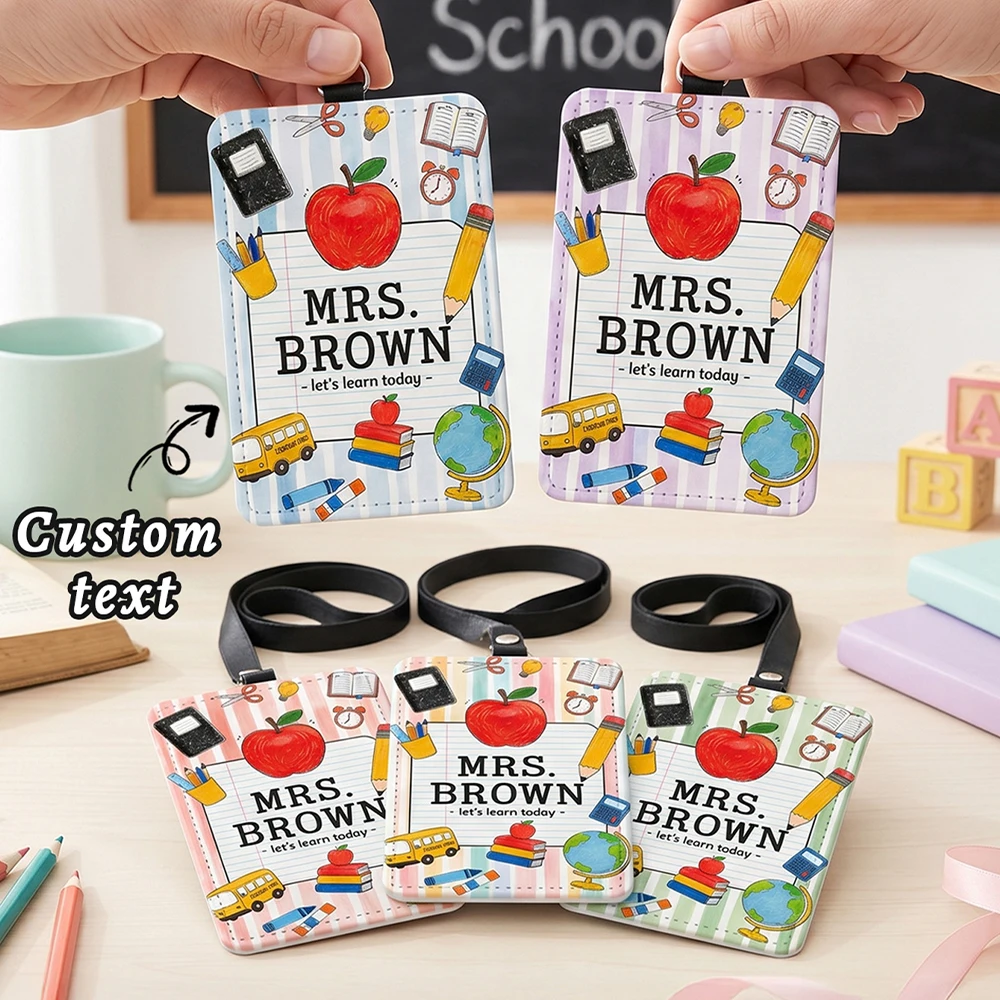 Custom Name,Teacher Badge Reel Holder,Nylon Lanyard,Portable,Card Protector,Cartoon School Elements