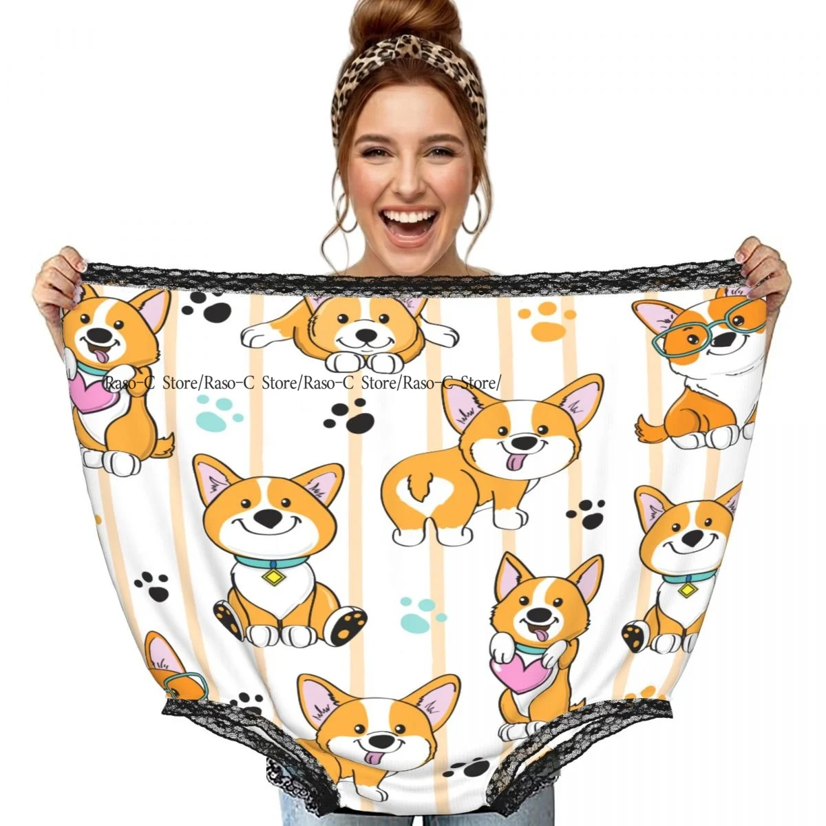 Cute Dog Corgi On A Striped Pattern Grandma Underwear Interesting Prank Funny Gift Panties