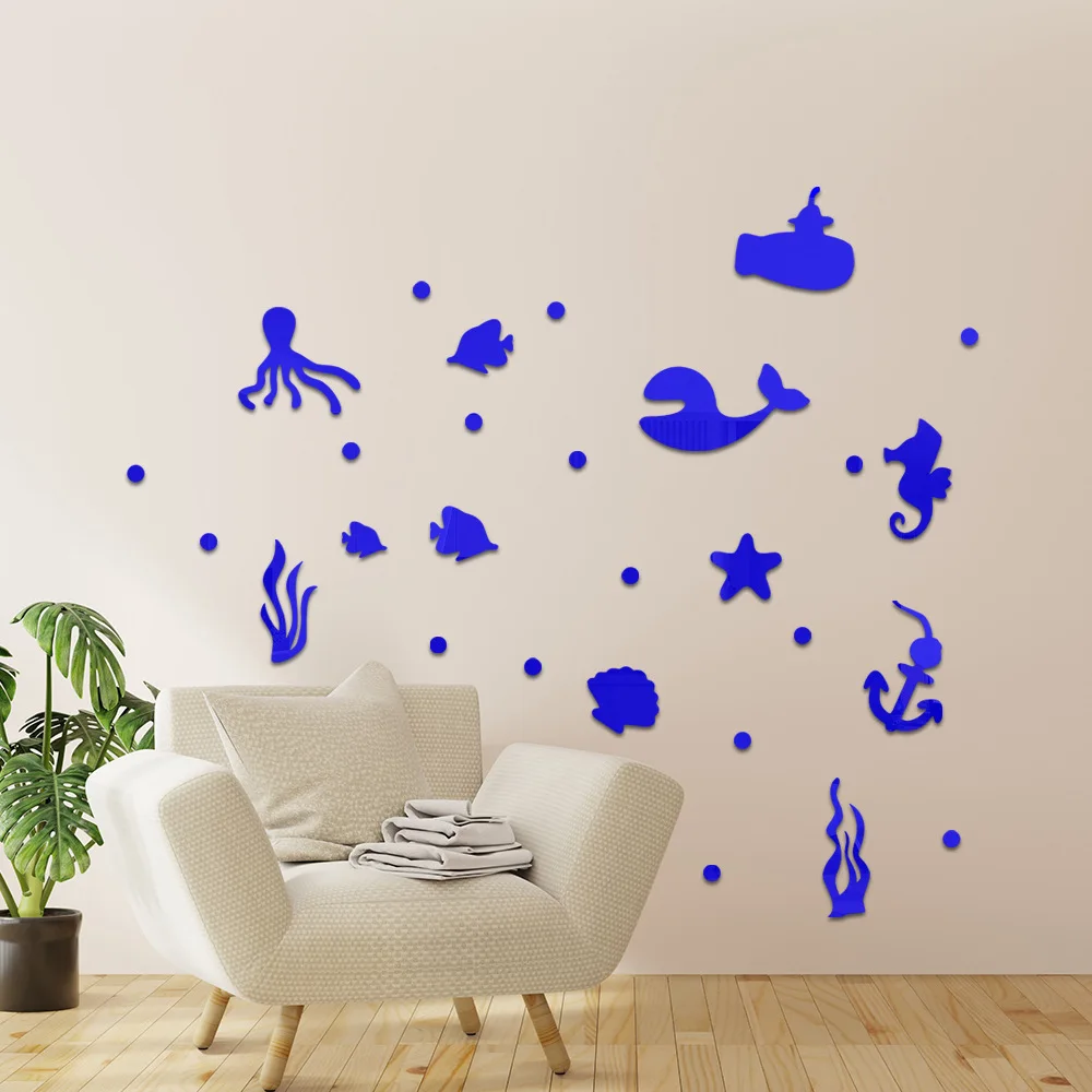 Marine animal acrylic Mirror Wall Stickers children's room Bathroom Wall Decoration Self-pasting Drawing paper Bedroom wallpaper image 4
